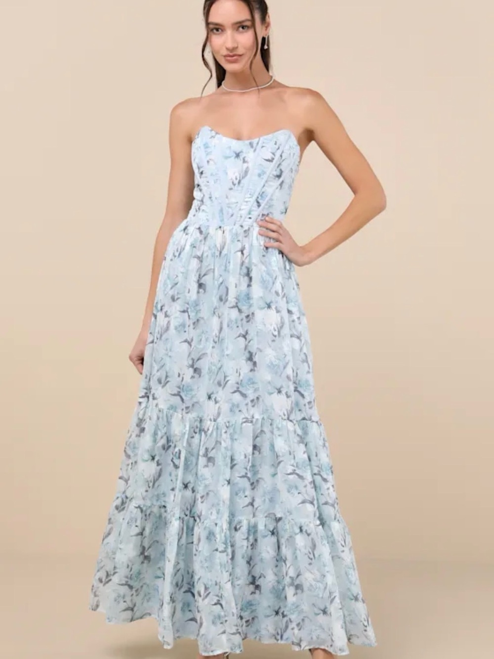 Special Moment Light Blue Floral Strapless Bustier Maxi Dress NWT